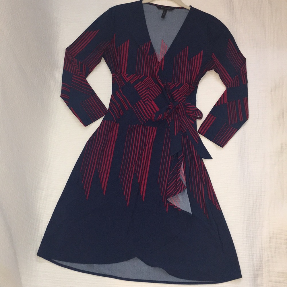 BCBGMaxAzria Navy Wrap Dress with Red Stripe Pattern